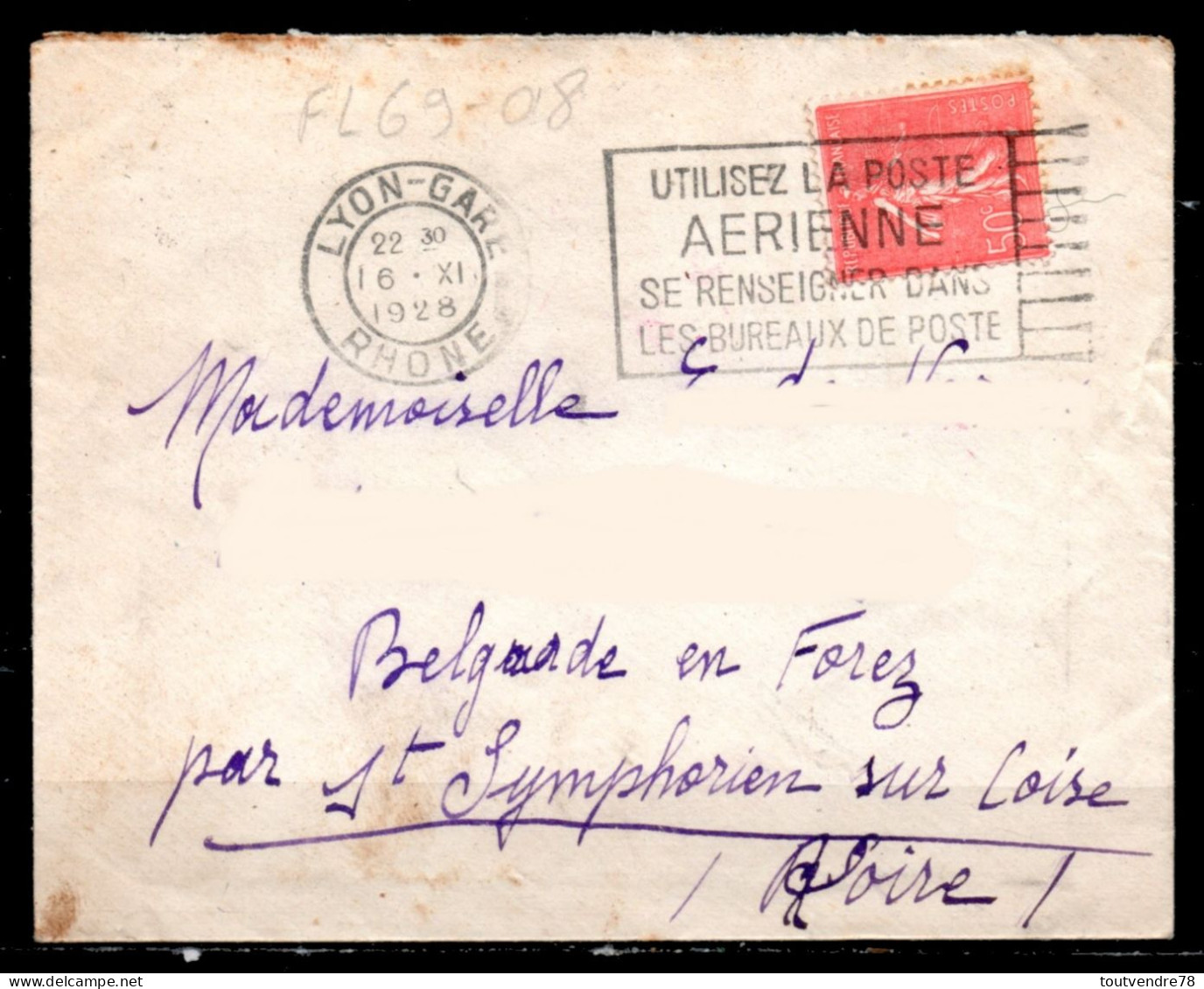 FL69-08 : Dept 69 (Rhône) LYON-GARE 1928 > FD Texte / Utilisez Poste Aérienne - Annullamenti Meccanici (pubblicitari)