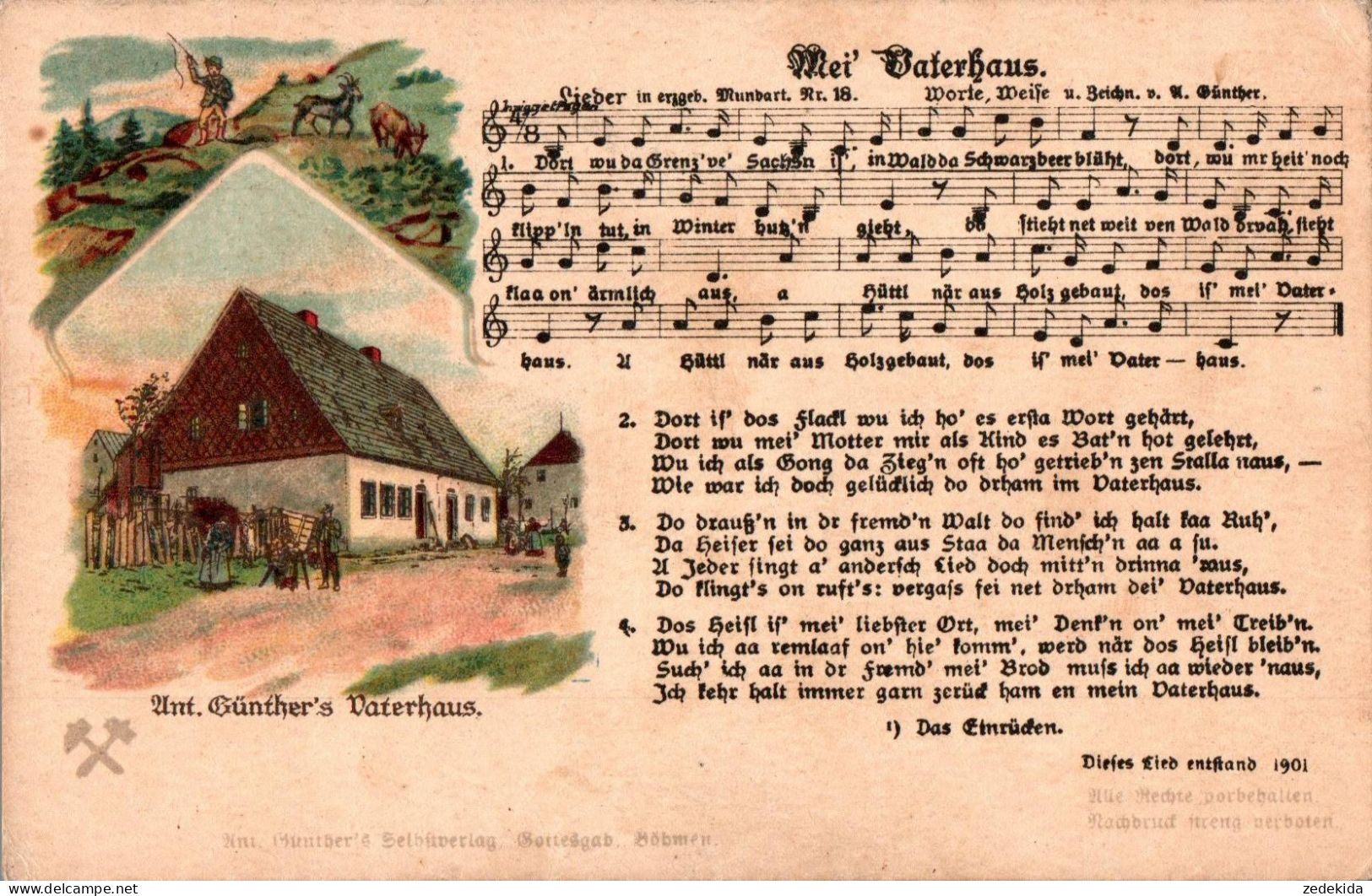 C6387 - Litho Anton Günther Liedkarte - Mei Vaterhaus .... Böhmen Erzgebirgisches Volkslied - Musik