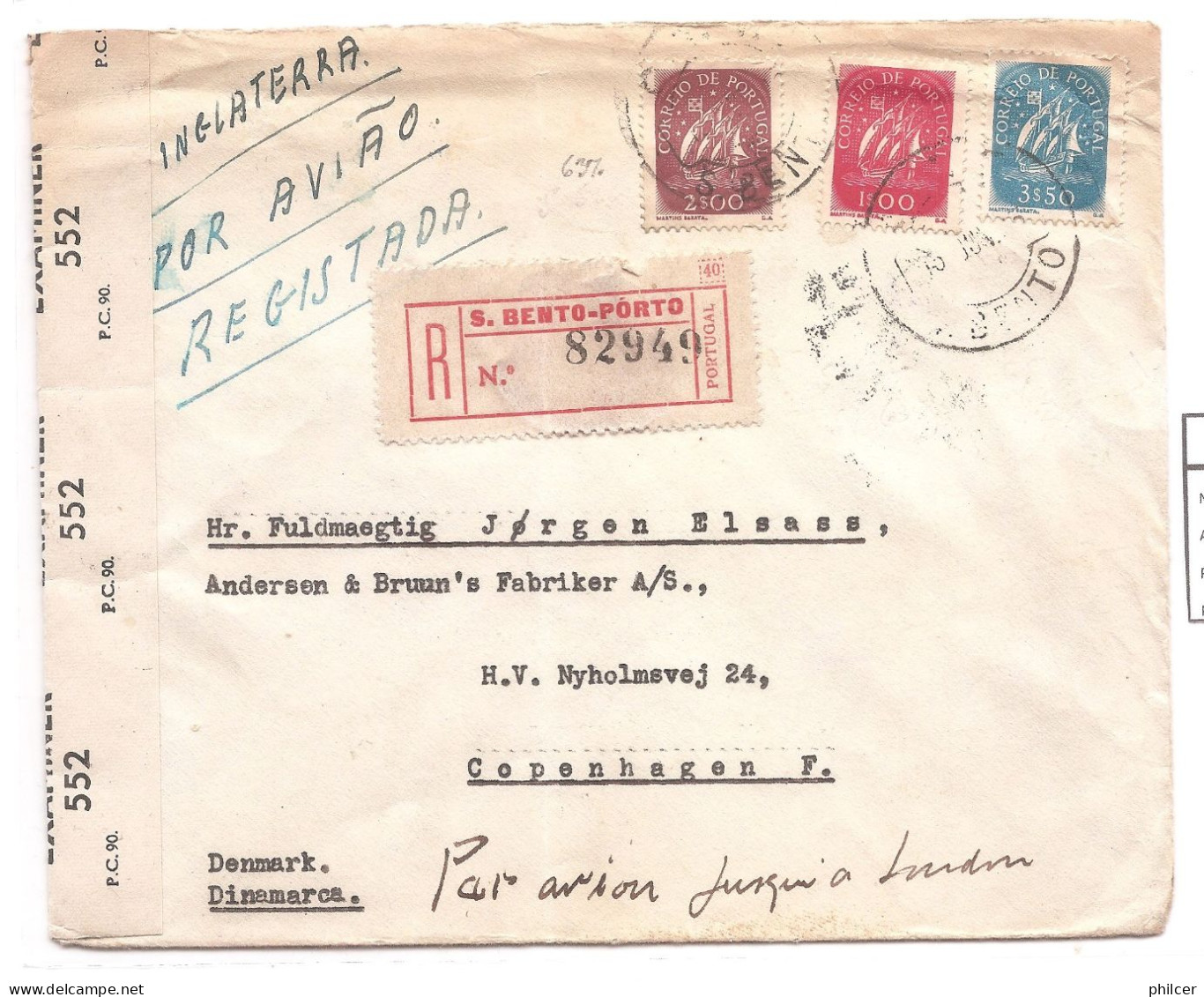 Portugal, 1945, # 628...,S. Bento-Copenhagen - Lettres & Documents