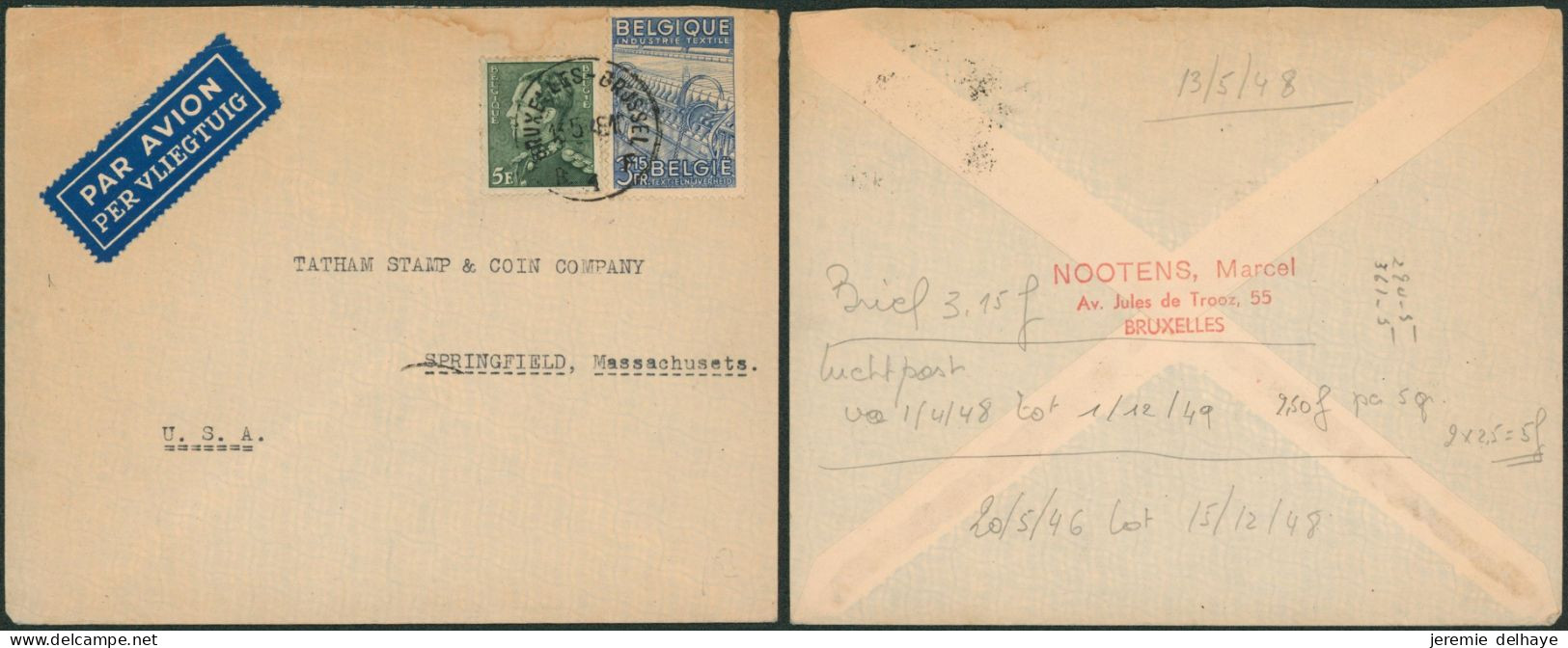 Affranch. Mixte (Poortman / Exportation) Sur Lettre Par Avion De Bruxelles (1946) > Springfield (USA) / Tarif 8F15 - 1936-51 Poortman