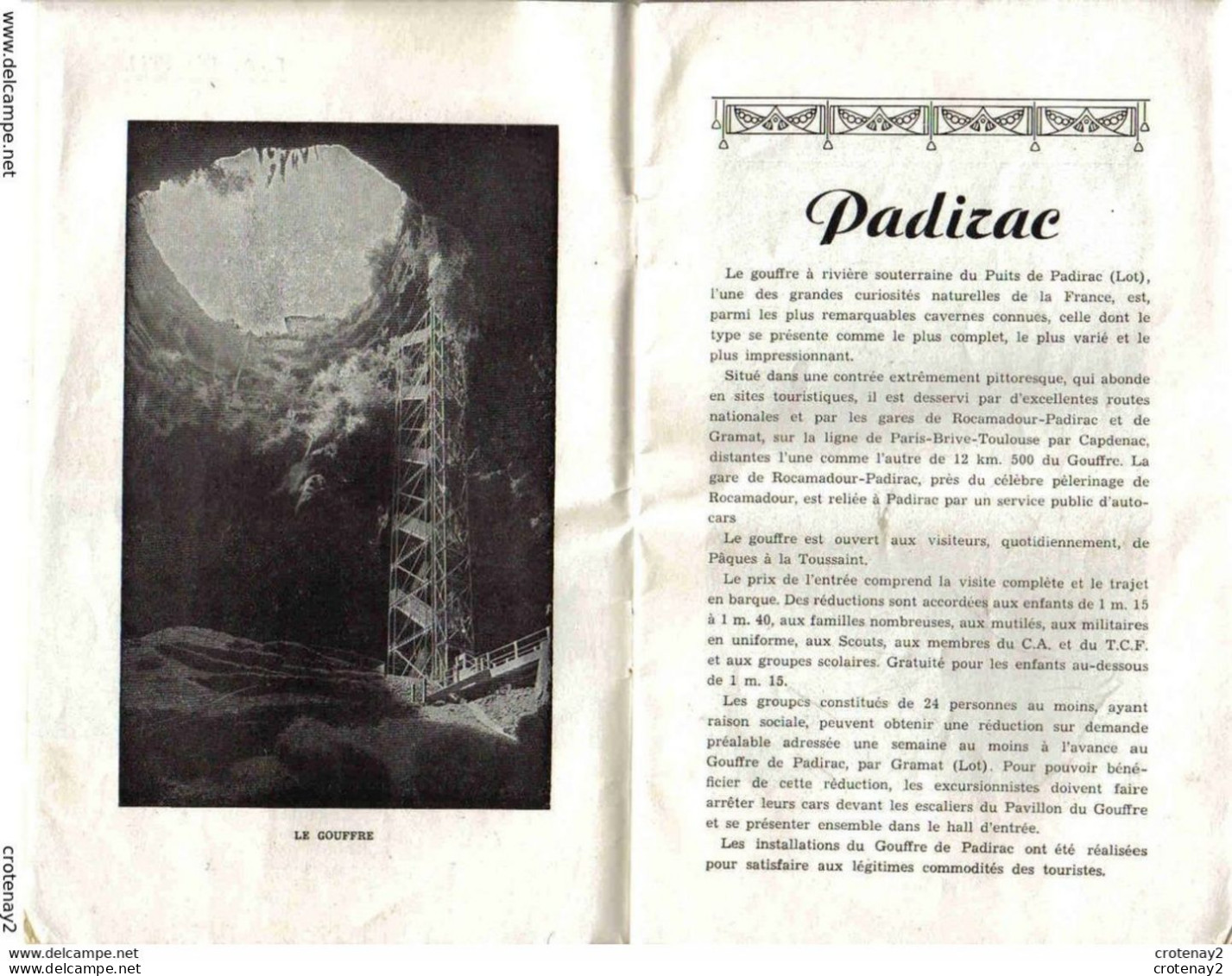 Guide Ancien De 1951 Du GOUFFRE DE PADIRAC Historique Et Description Librairie Vertuel St Céré LOT 34 Pages E.A Martel - Turismo