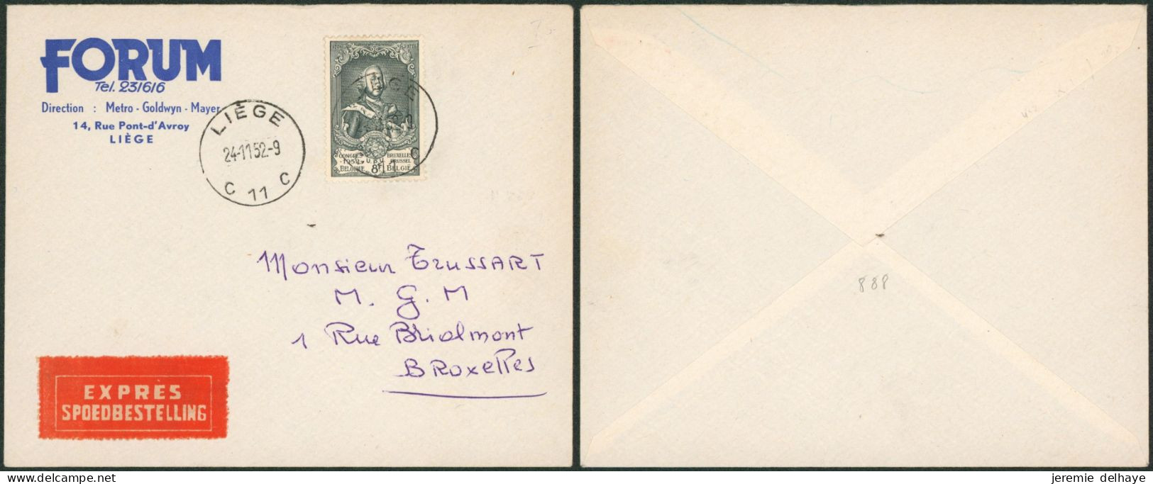 UPU - N°888 Seul Sur Lettre En Expres De Liège C11C (1952) > Bruxelles. - Cartas & Documentos