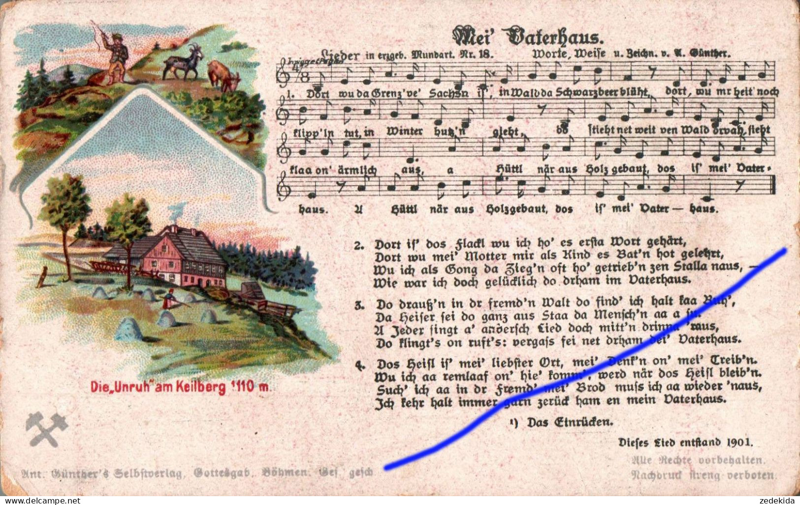 E4590 - Litho Anton Günther Liedkarte - Mei Vaterhaus .... Böhmen Erzgebirgisches Volkslied - Musique