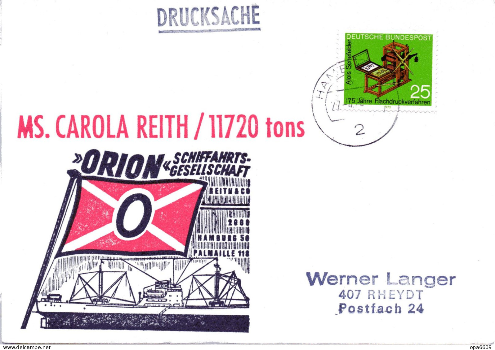 (L 6) Cachetumschl."SCHIFFAHRTS-GESELLSCHAFT ORION - MS. CAROLA REITH/11720 Tons - EF BRD  TST 27.4.72 HAMBURG - Maritiem