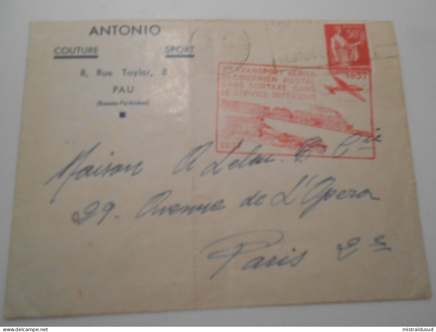 France Poste Aerienne , Lettre De Pau 1937 Pour Paris, 1er Transport Aerien De çourrier  Sans Surtaxe - 1927-1959 Cartas & Documentos