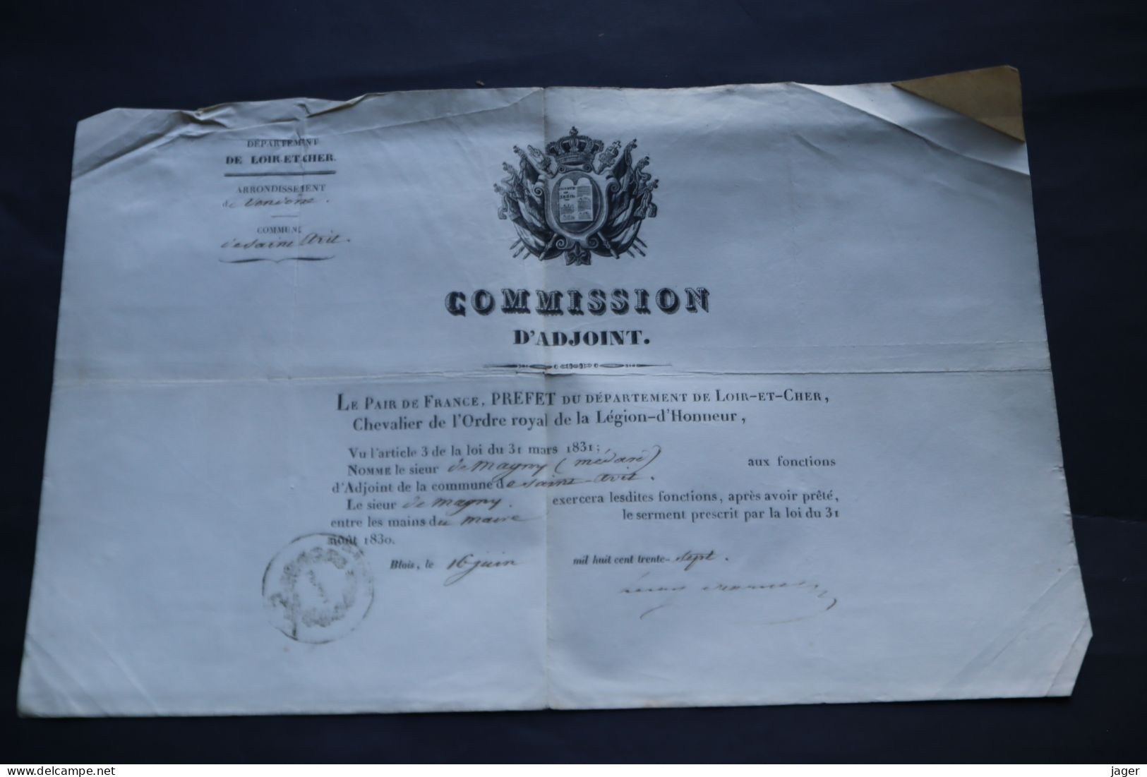 1830 Commission D'Adjoint Au Maire De Saint Avit Loir Et Cher Charte De 1830 Noblesse Mr De Magny - Historische Documenten