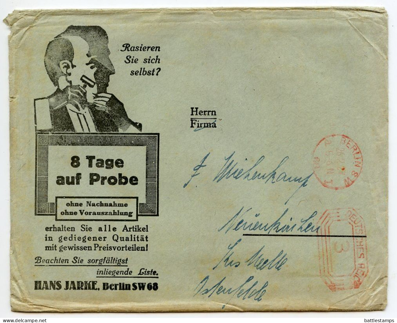 Germany 1927 Cover W/ Catalog (Shaving & Toiletries); Berlin - Hans Jarke, Spezialhaus Für Rasierbedarf; 3pf. Meter - Frankeermachines