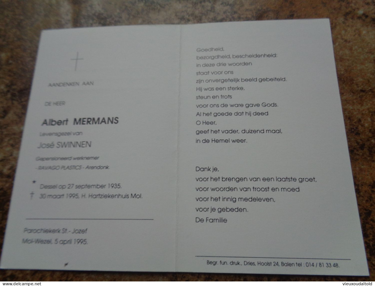 Doodsprentje/Bidprentje  Albert MERMANS   Dessel 1935-1995 Mol - Religion & Esotericism