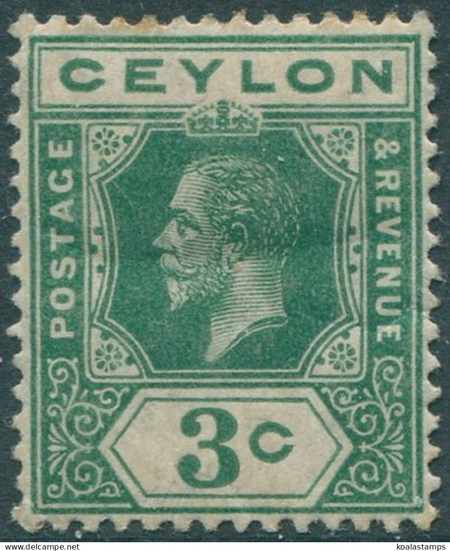 Ceylon 1912 SG302 3c Blue-green KGV #3 MLH (amd) - Sri Lanka (Ceylan) (1948-...)