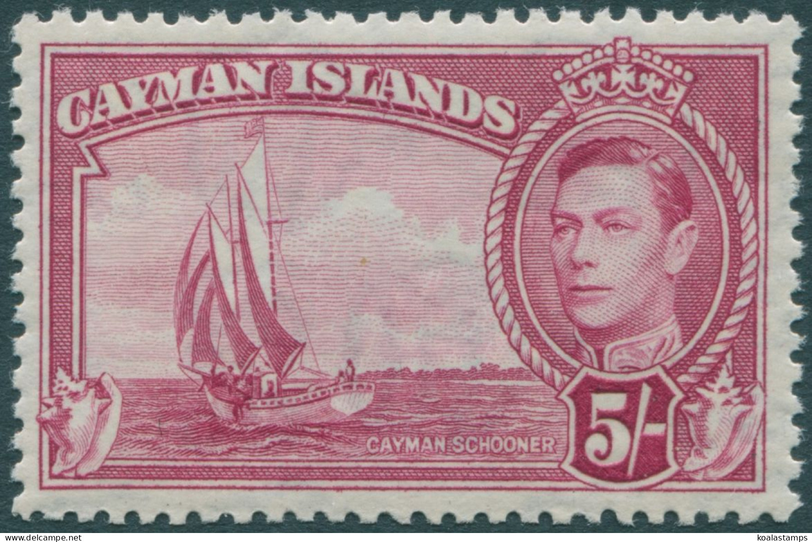 Cayman Islands 1938 SG125 5/- Red KGVI Schooner MNH - Cayman Islands