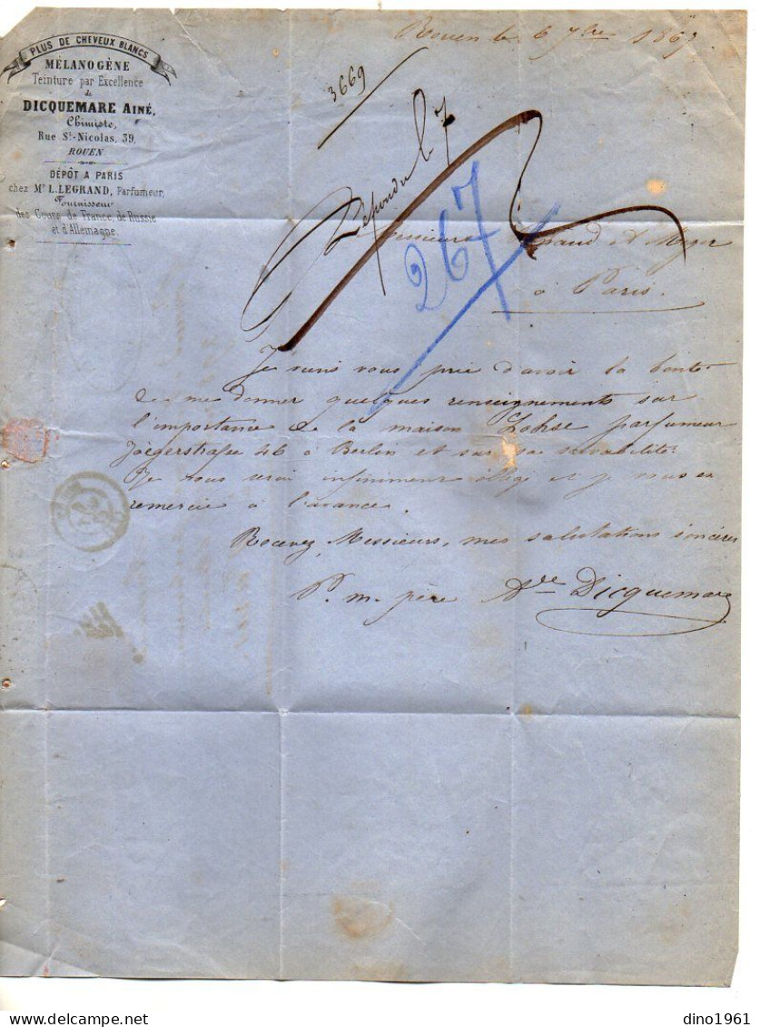 VP23.107 - 1867 - Lettre - Teinture De DICQUEMARE Ainé, Chimiste à ROUEN Pour M. PINAUD & MEYER, Parfumeur à PARIS - Old Professions