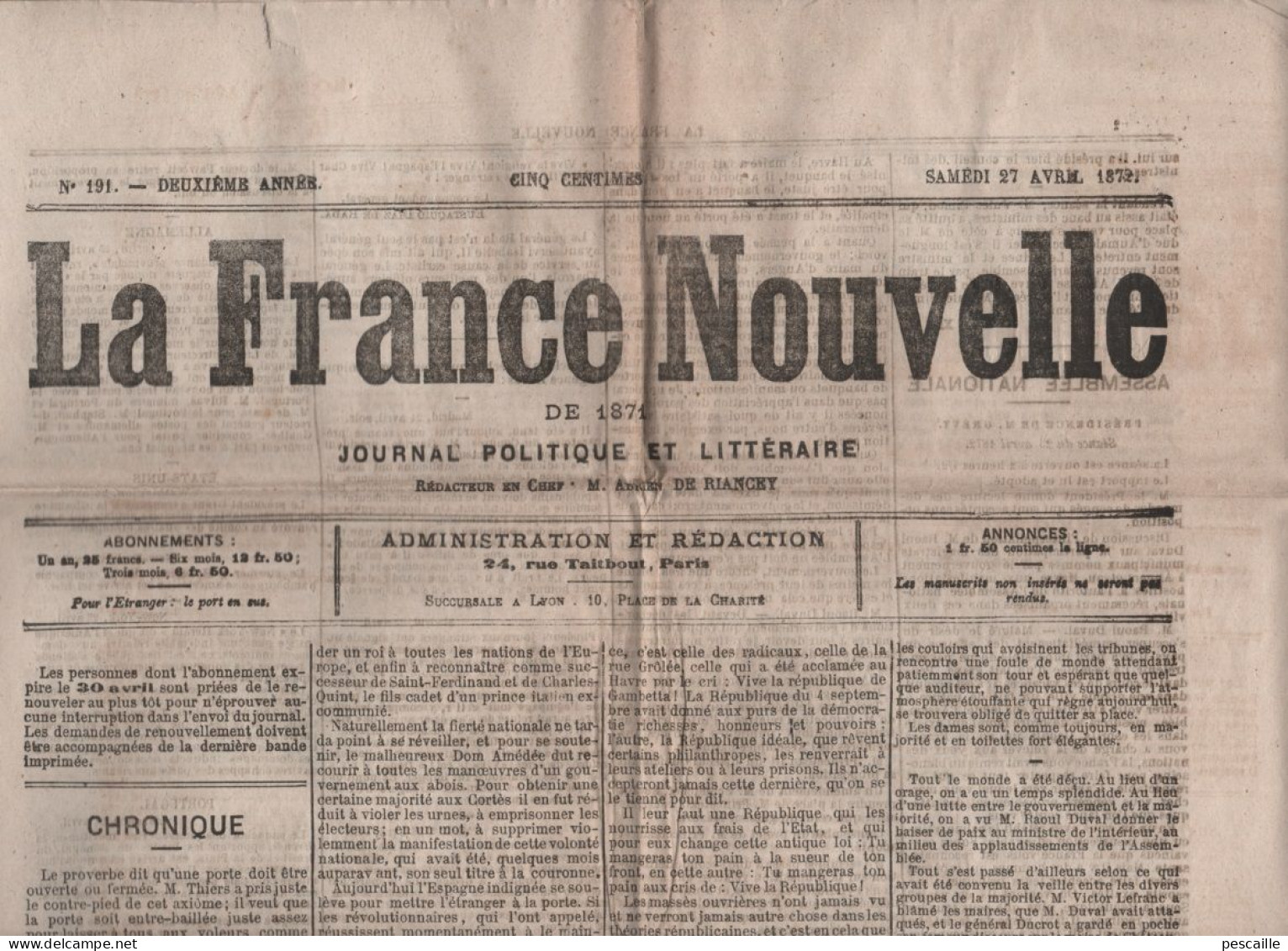 LA FRANCE NOUVELLE 27 04 1872 - THIERS - ESPAGNE PRIM ROI ET CARLISTES - GOUZE ORTHEZ - MULHOUSE - ALTKIRCH - - 1850 - 1899