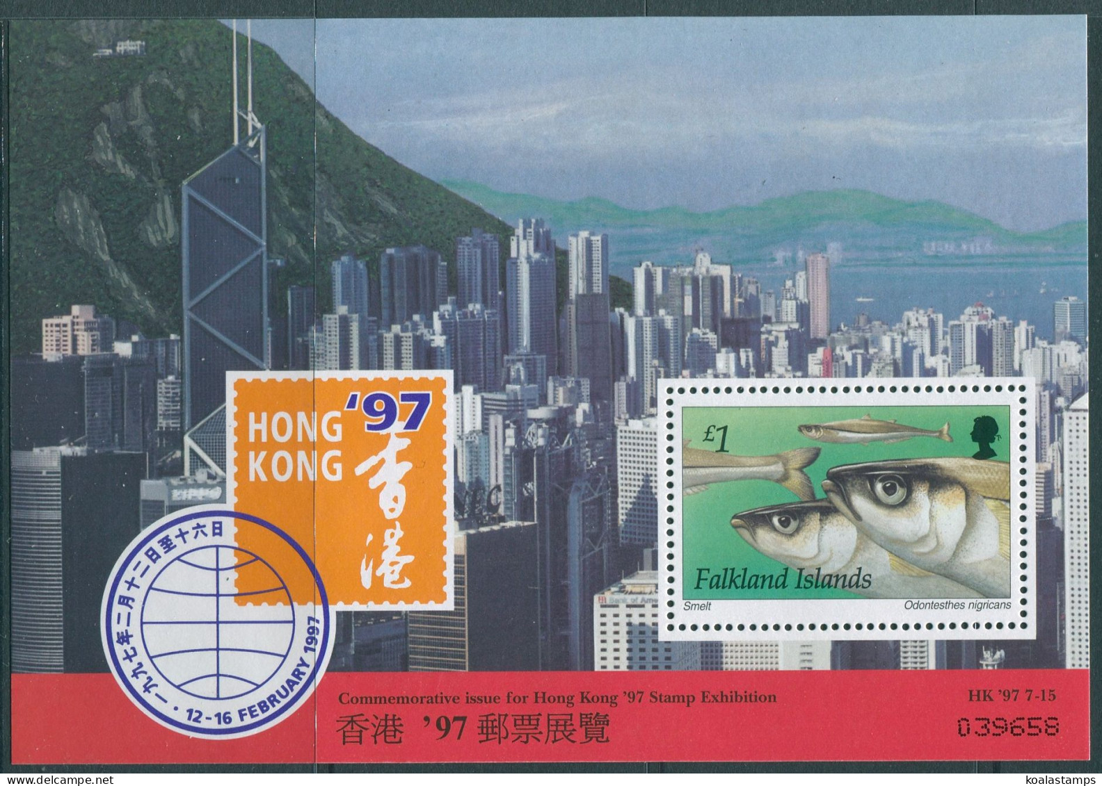 Falkland Islands 1997 SG779 Hong Kong Stamp Exhibition Smelt MS MNH - Falkland Islands