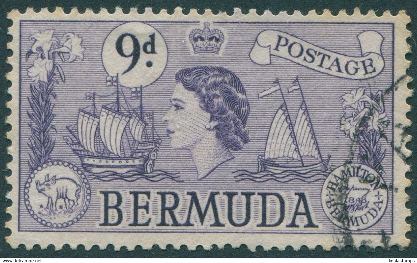 Bermuda 1953 SG143b 9d Violet QEII Galleon Light Toning FU - Bermuda