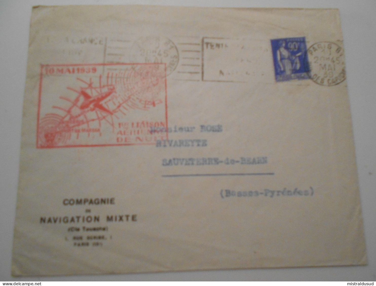 France Poste Aerienne , Lettre De Paris 1939 Pour Sauveterre-de-bearn , 1 Ere Liaison Aerienne De Nuit - 1927-1959 Cartas & Documentos