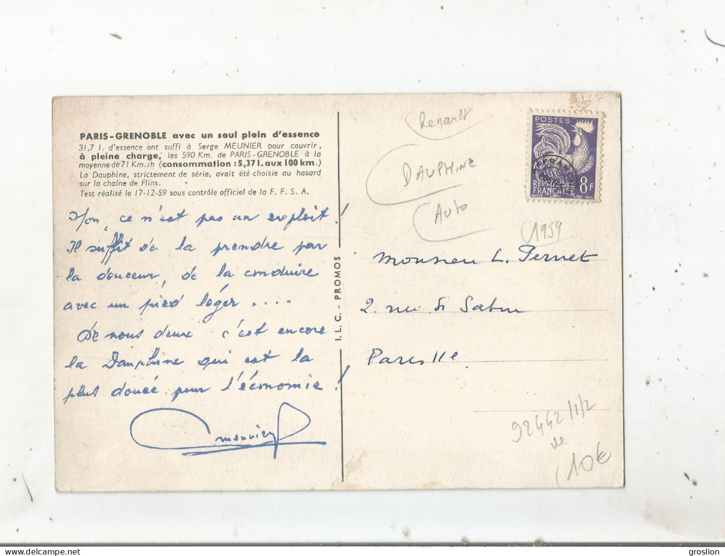 RENAULT DAUPHINE PARIS GRENOBLE AVEC UN SEUL PLEIN D'ESSENCE 1959 - Passenger Cars