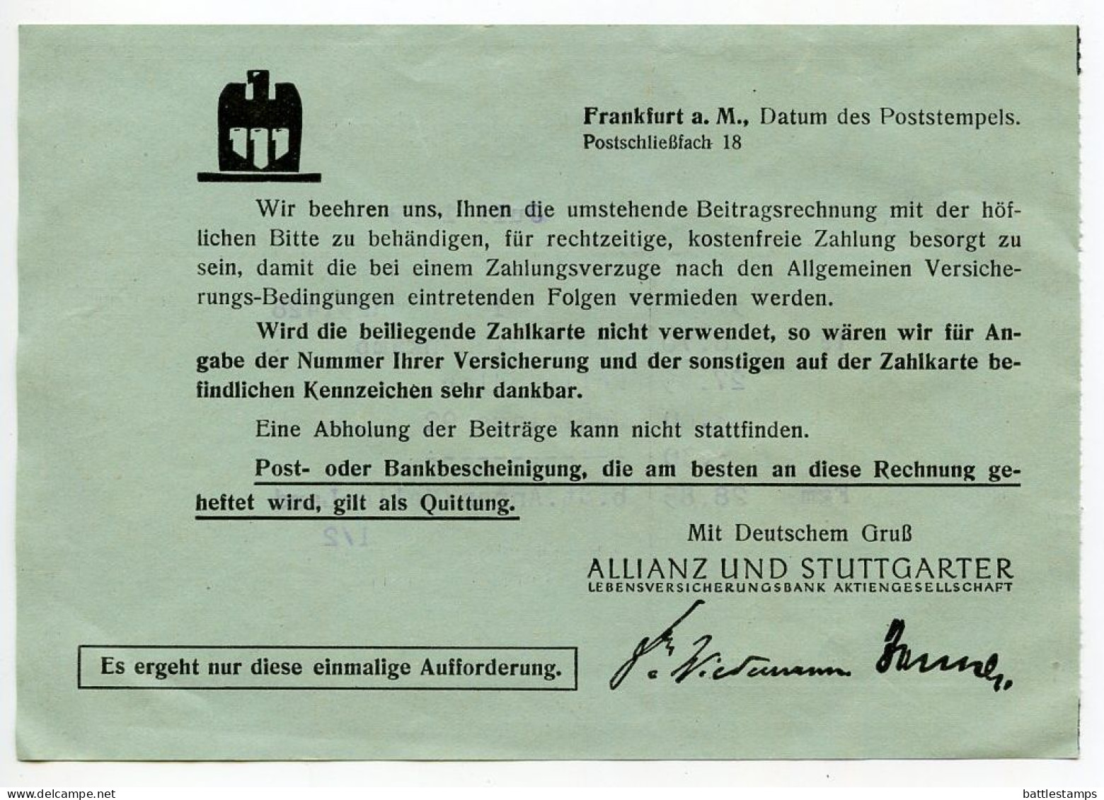 Germany 1938 Cover W/ Invoice & Zahlkarte; Frankfurt (Main) - Allianz Und Stuttgarter To Schiplage; 3pf. Meter - Frankeermachines (EMA)