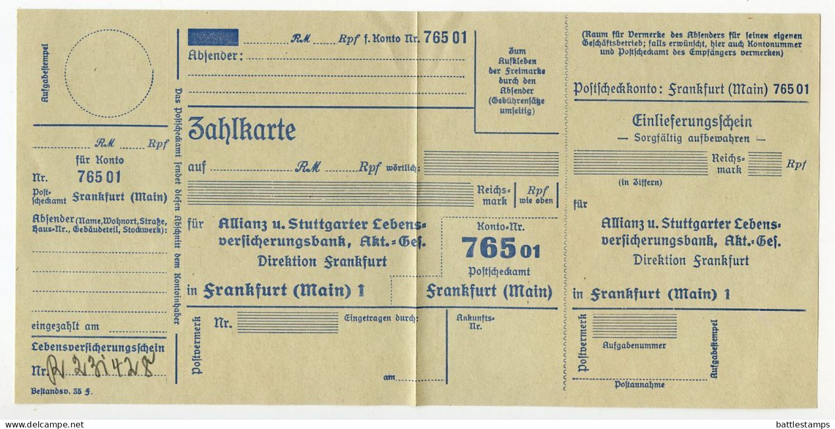 Germany 1938 Cover w/ Invoice & Zahlkarte; Frankfurt (Main) - Allianz und Stuttgarter to Schiplage; 3pf. Meter