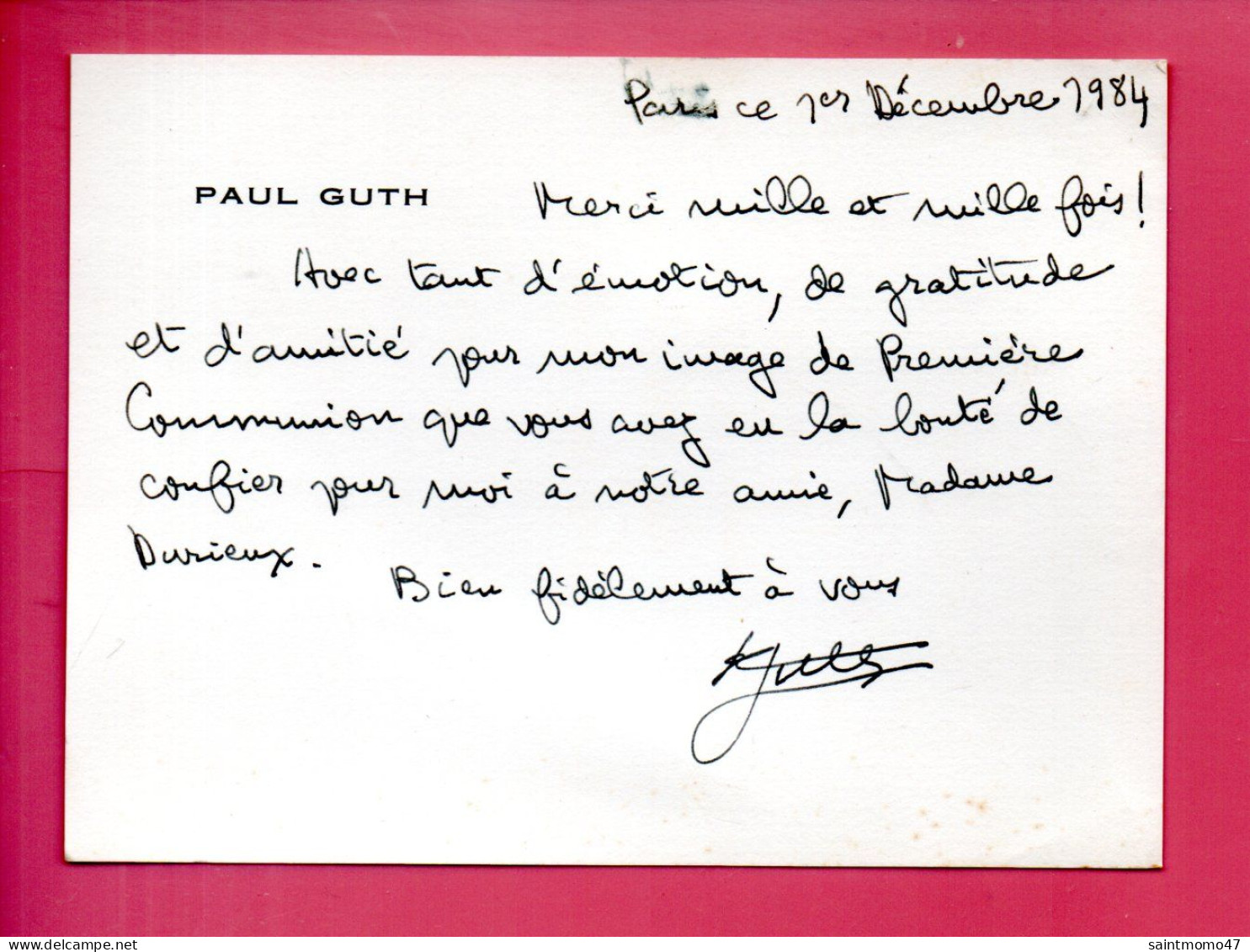 CARTE DE VISITE . REMERCIEMENT MANUSCRIT DE PAUL GUTH 1984 - Réf. N°12981 - - Visitekaartjes