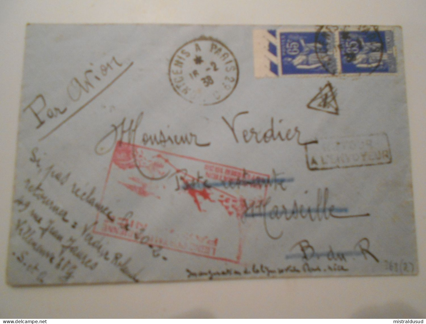 France Poste Aerienne , Lettre De Monçenis A Paris 1938 Pour Marseille , Ligne Postale Aerienne Paris-niçe Inauguration - 1927-1959 Lettres & Documents