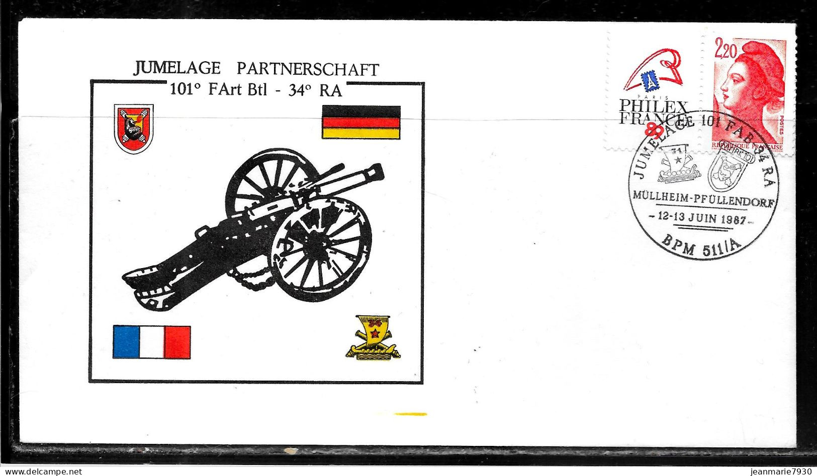 K128 - LIBERTE DE GANDON PHILEXFRANCE SUR LETTRE DE MULLHEIM PFULLENDORF DU 12/06/87 - BPM 511/A - JUMELAGE - Commemorative Postmarks