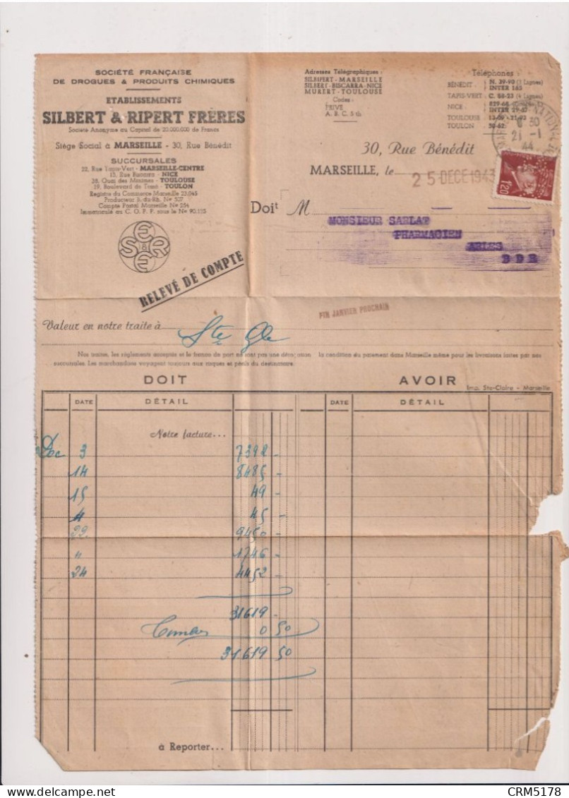 L.S.R.PETAIN-TP N°515-PERFORE S.R. SILBERT &RIPERT-MARSEILLE -25-12-43 TB - Brieven En Documenten