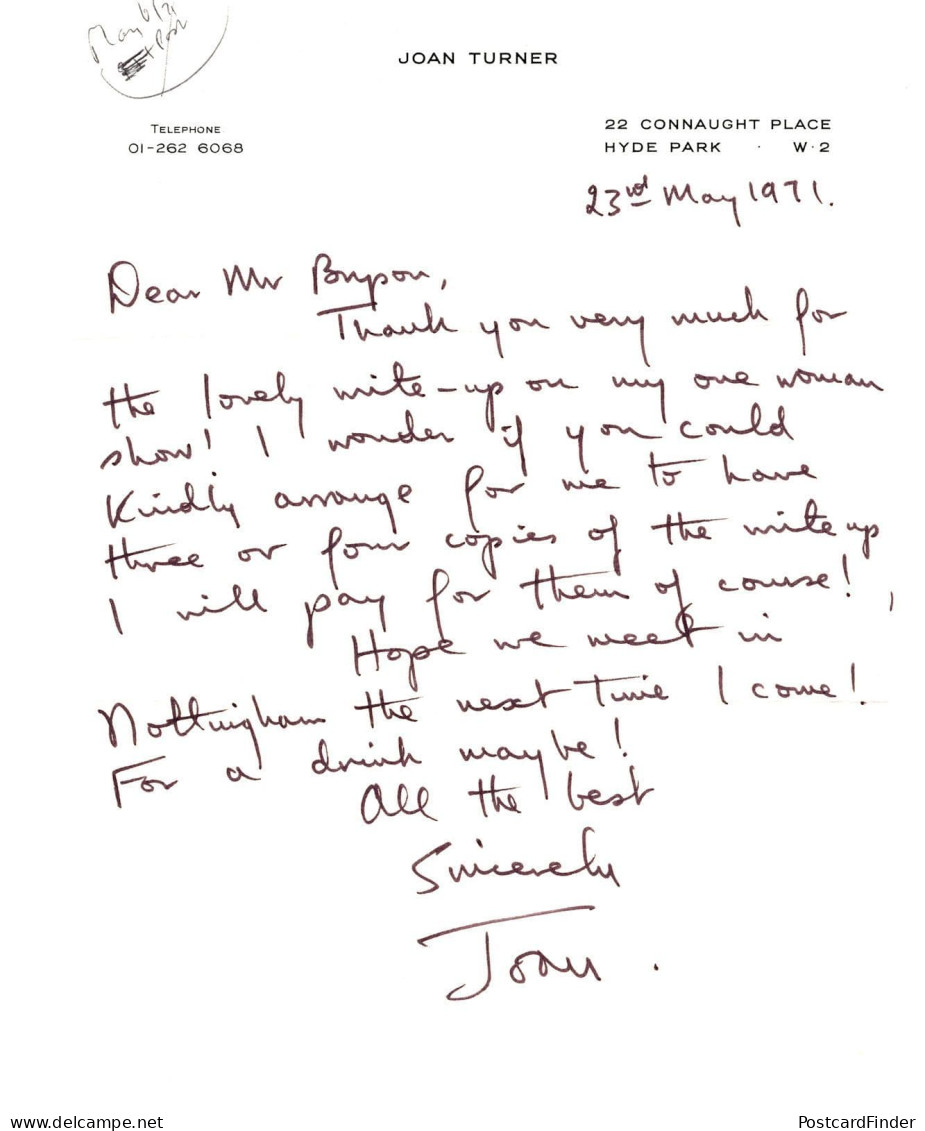 Joan Turner Irish Singer Ultimate Hand Signed Letter Headed Paper - Attori E Comici 