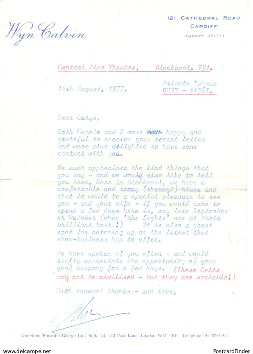 Wyn Calvin Welsh Theatre TV Comedian Stay At My House Signed 1977 Letter - Acteurs & Comédiens