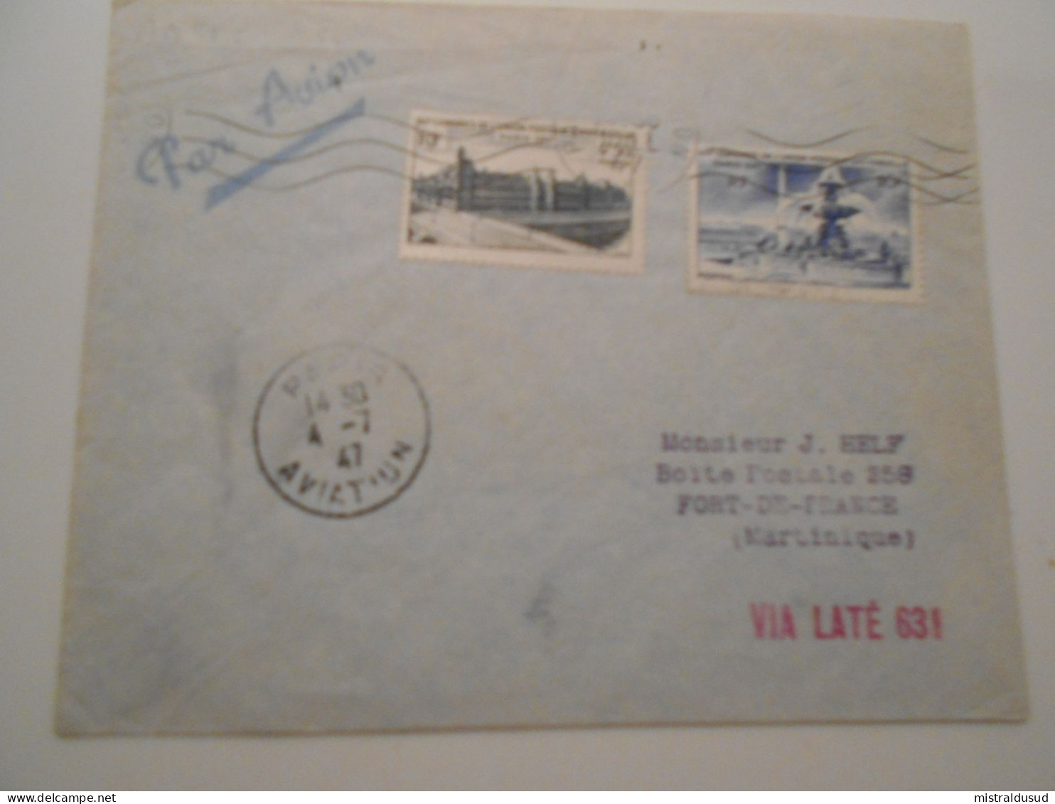 France Poste Aerienne , Lettre De Paris-aviation 1947 Pour Fort De Françe 1ere Liaison Françe Martinique - 1927-1959 Cartas & Documentos