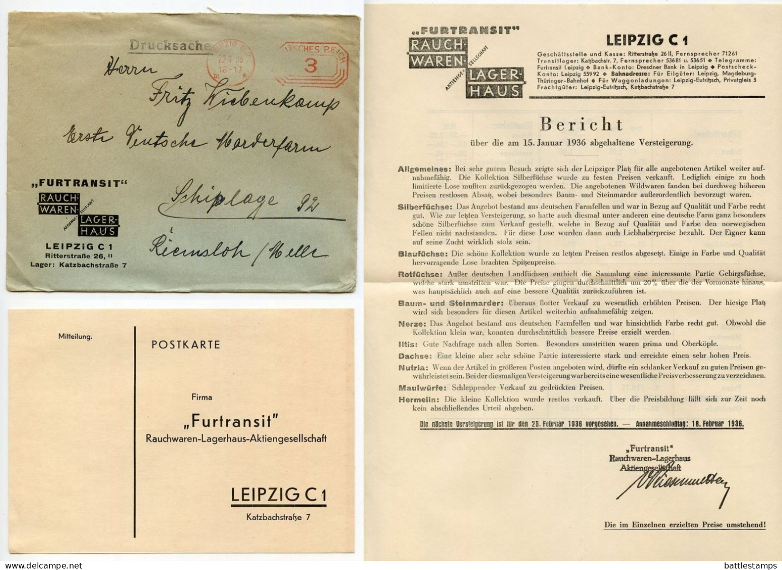 Germany 1936 Cover & Letter; Leipzig - Furtransit, Rauchwaren-Lagerhaus To Schiplage; 3pf. Meter - Maschinenstempel (EMA)