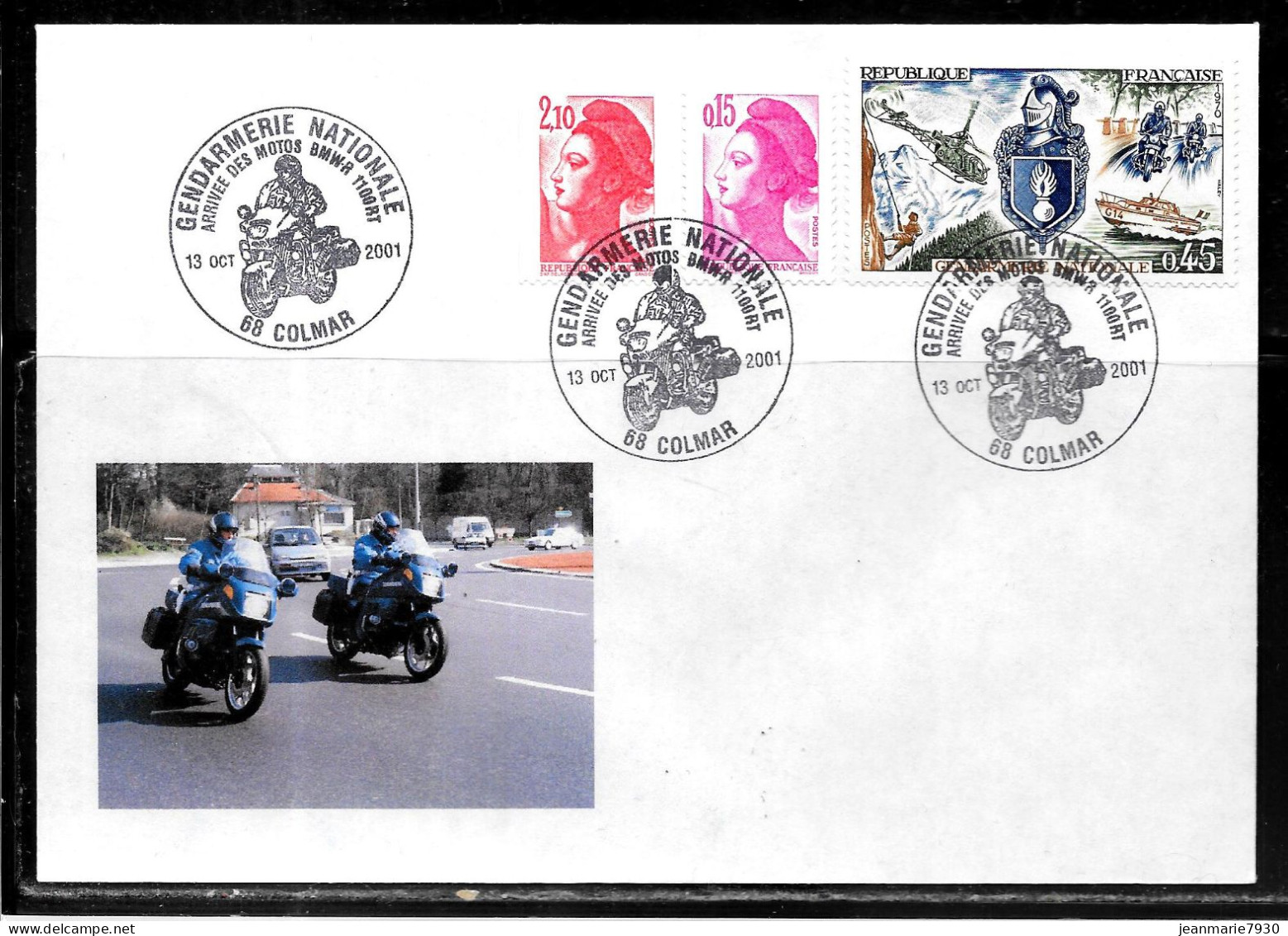 K130 - LIBERTE DE GANDON SUR LETTRE DE COLMAR DU 13/10/01 - GENDARMERIE - MOTOS BMW - Gedenkstempels