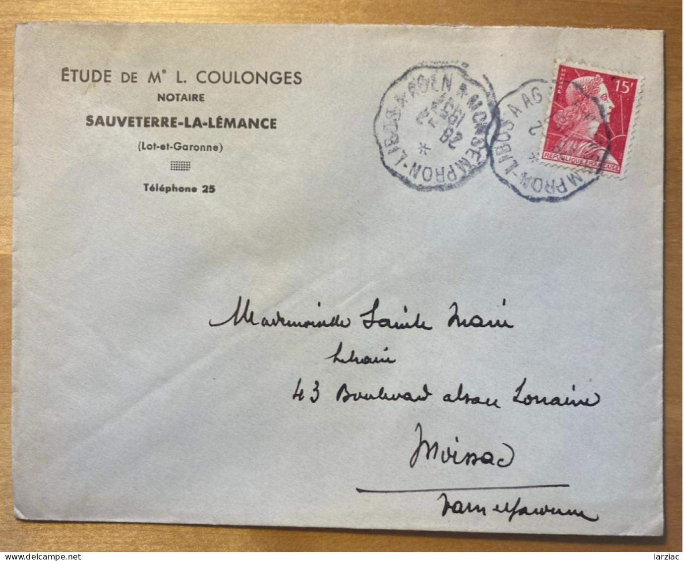Enveloppe Affranchissement Type Muller Oblitération Monsempron-Libos à Agen 1957 - Correo Ferroviario