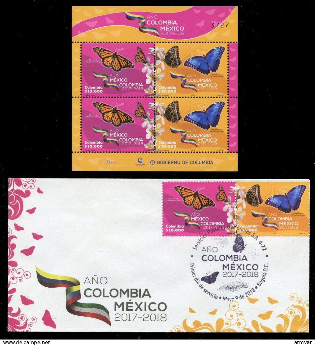 COLOMBIA (2018) First Day Cover + Sheet - Año Colombia México, Danaus Plexippus, Morpho Peleides, Butterflies, Papillons - Colombia