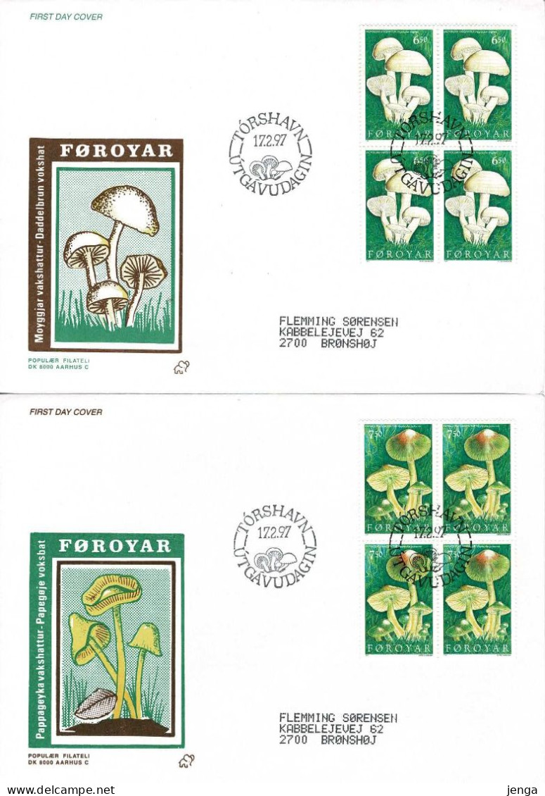 Faroe Islands; 1997 Mushrooms.  Set Of 4 In Block Of 4 On FDC (Populær Filateli). - Mushrooms