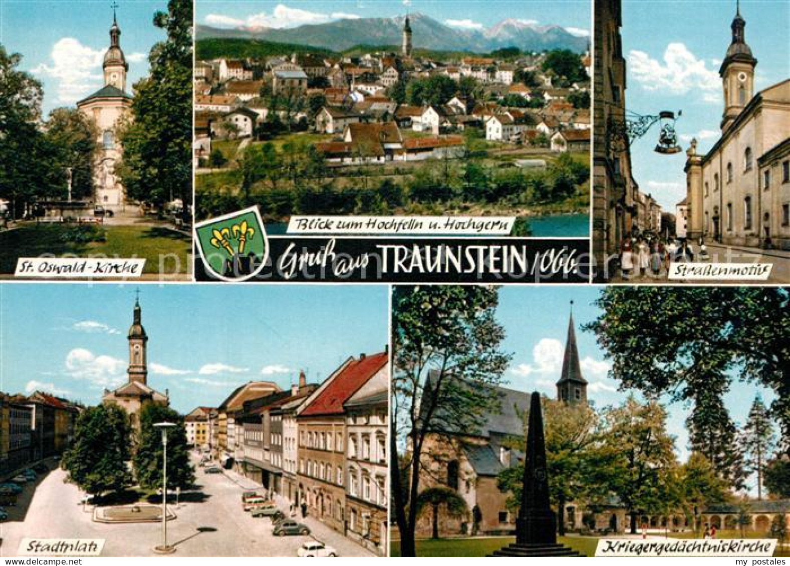 73266894 Traunstein Oberbayern St Oswald Kirche Stadtpanorama Alpen Strassenmoti - Traunstein
