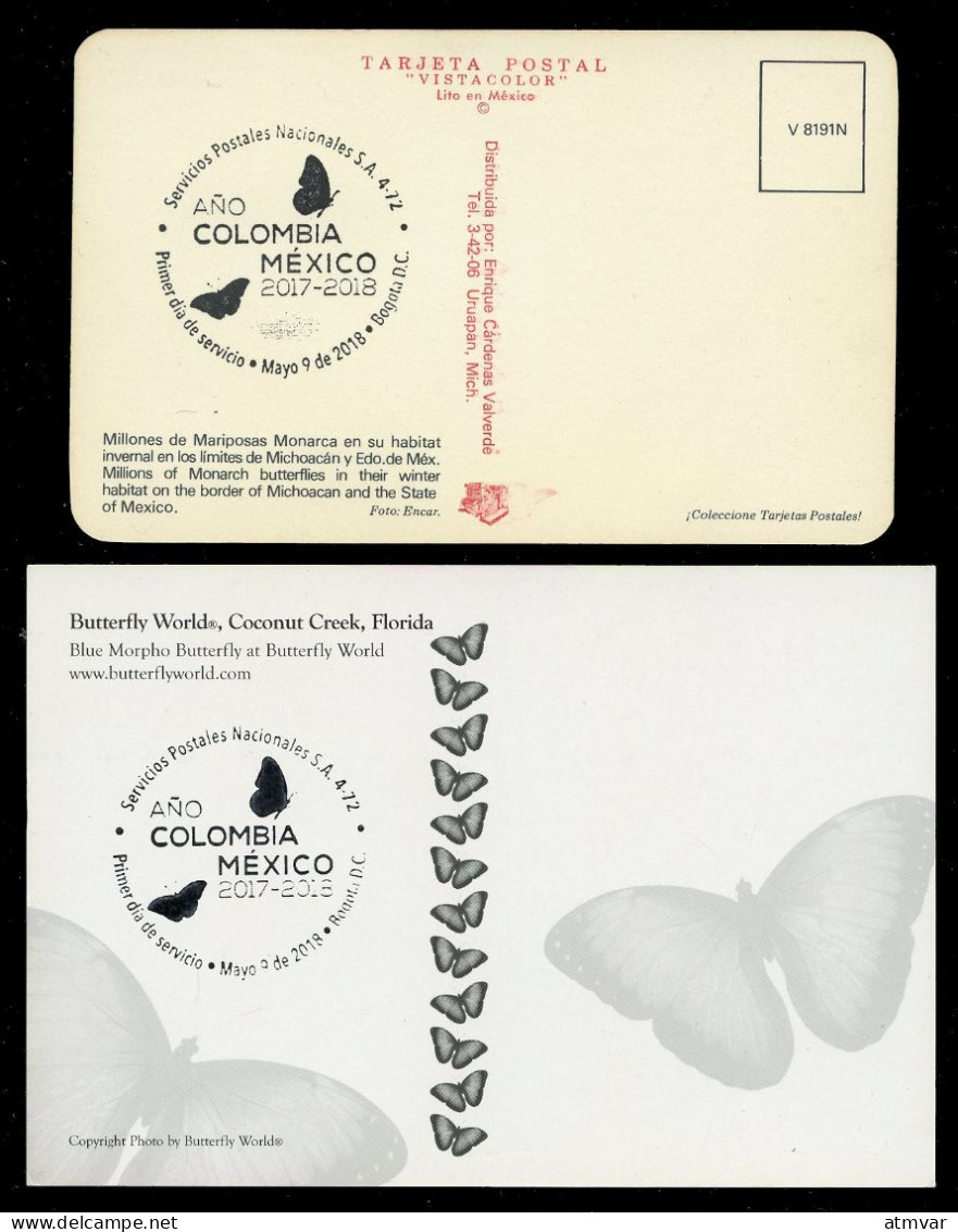 COLOMBIA (2018) Cartes Maximum Cards - Año Colombia México, Danaus Plexippus, Morpho Peleides, Butterflies, Papillons - Colombie