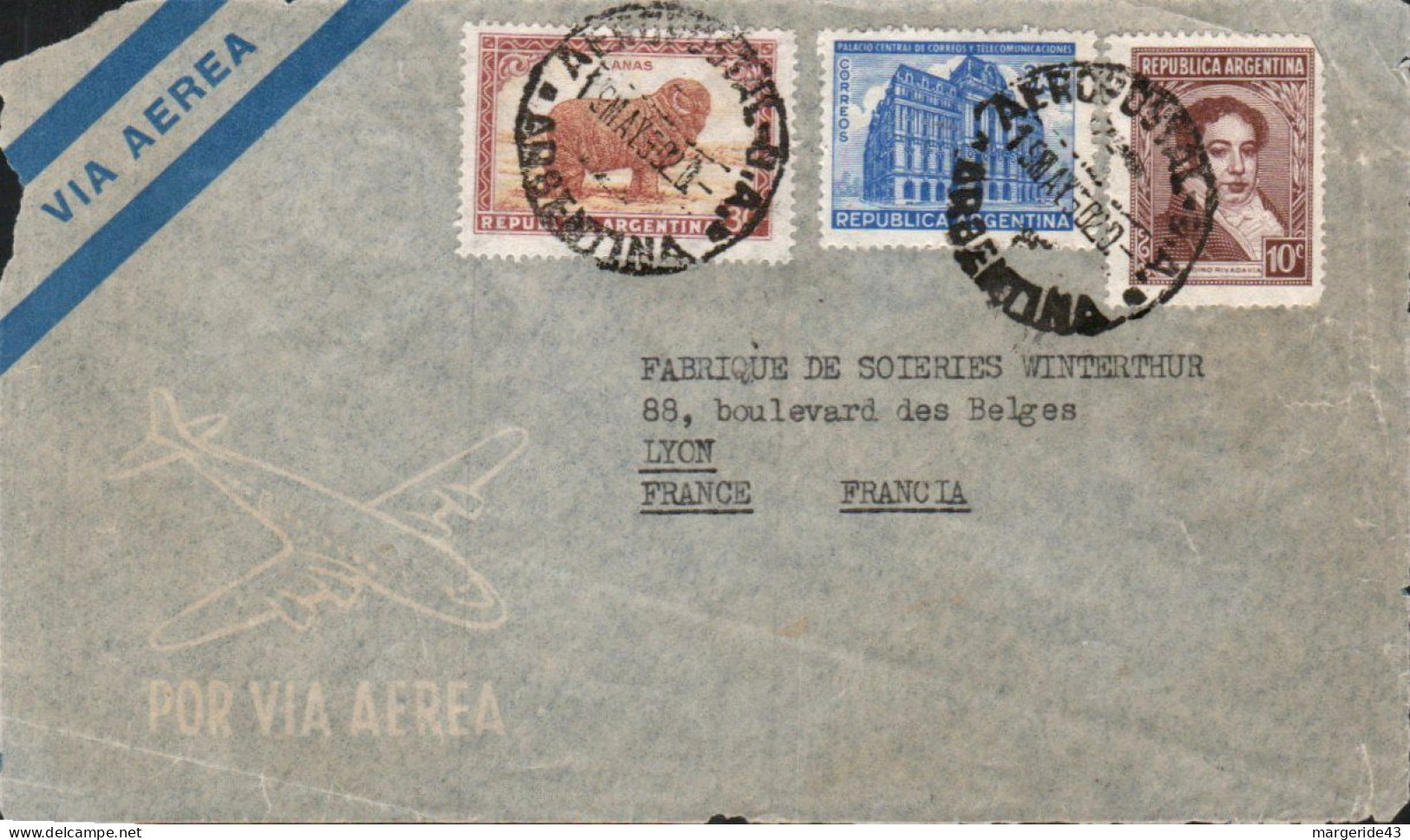 ARGENTINE AFFRANCHISSEMENT COMPOSE SUR DEVANT DE LETTRE AVION POUR LA FRANCE 1950 - Lettres & Documents