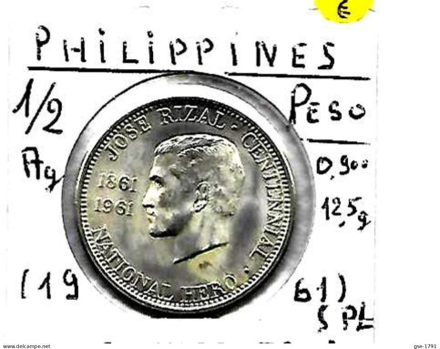 PHILIPPINES Commonwealth  1/2  José RIZAL Birth  (1961)  KM 191   ,Ag. 0.900  SPL - Philippines