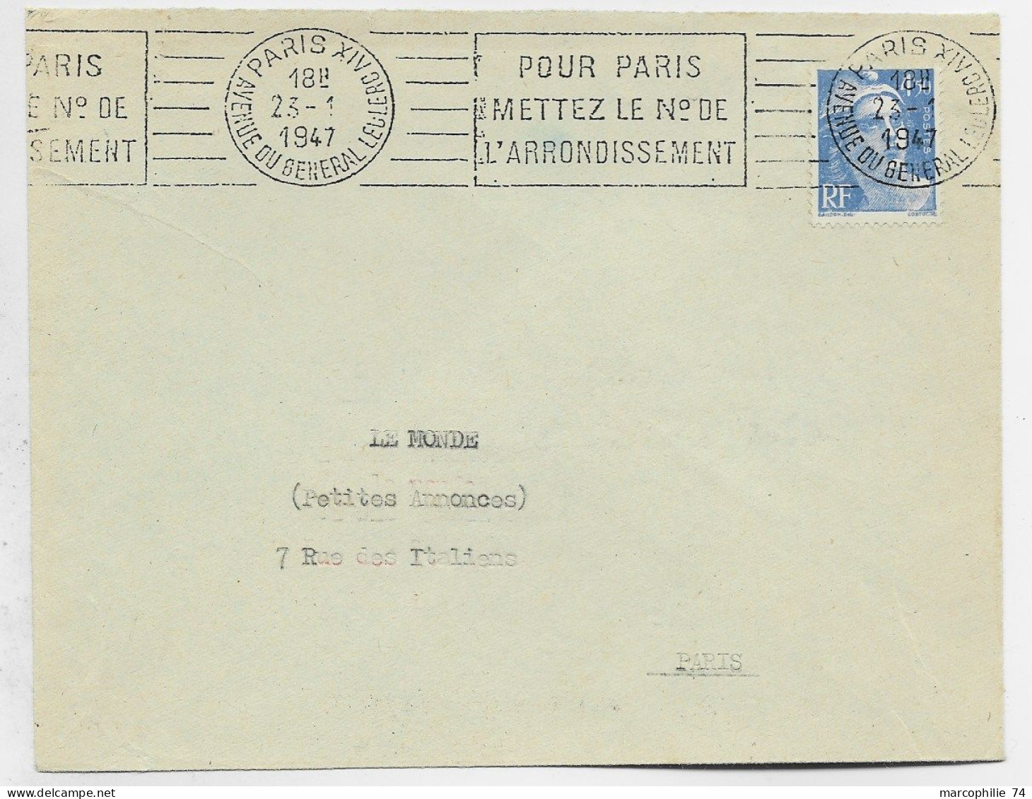GANDON 4FR50 SEUL LETTRE MANQUE UN RABAT  MEC PARIS XIV 23.1.1947 1ER JOUR DU TIMBRE - 1945-54 Marianna Di Gandon