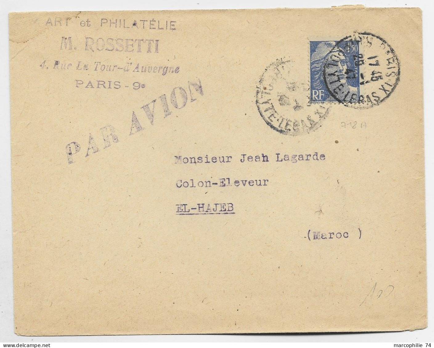 GANDON 4FR50 SEUL LETTRE AVION PARIS IX 1947 POUR LE MAROC AU TARIF - 1945-54 Marianna Di Gandon