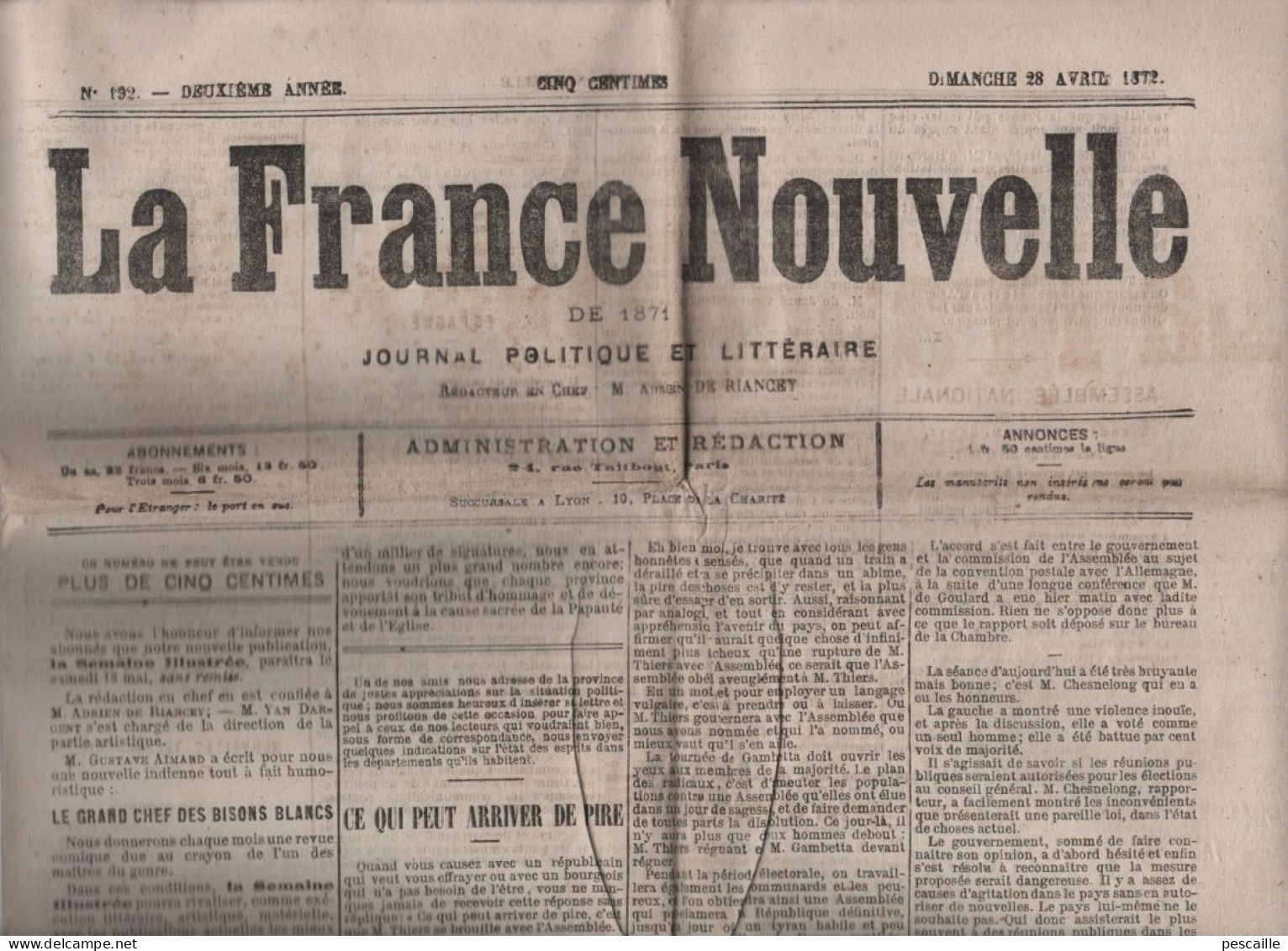 LA FRANCE NOUVELLE 28 04 1872 THIERS & ASSEMBLEE - ESPAGNE DON CARLOS - LYON OUVRIER ELU - ERUPTION VESUVE - RECENSEMENT - 1850 - 1899