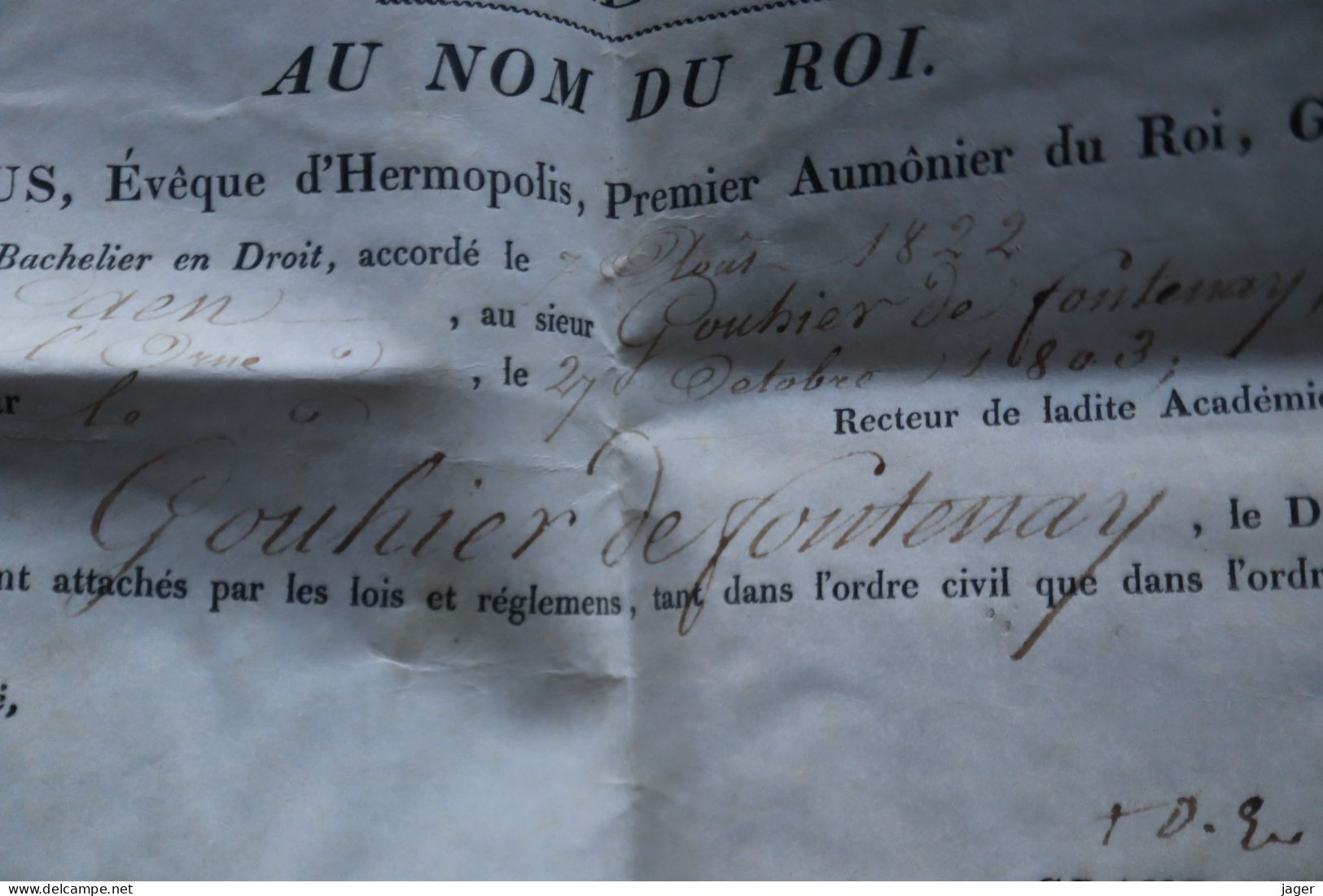 1822 Diplome De Bachelier Gouhier De Fontenay Université De France Armes De France Noblesse - Historische Documenten