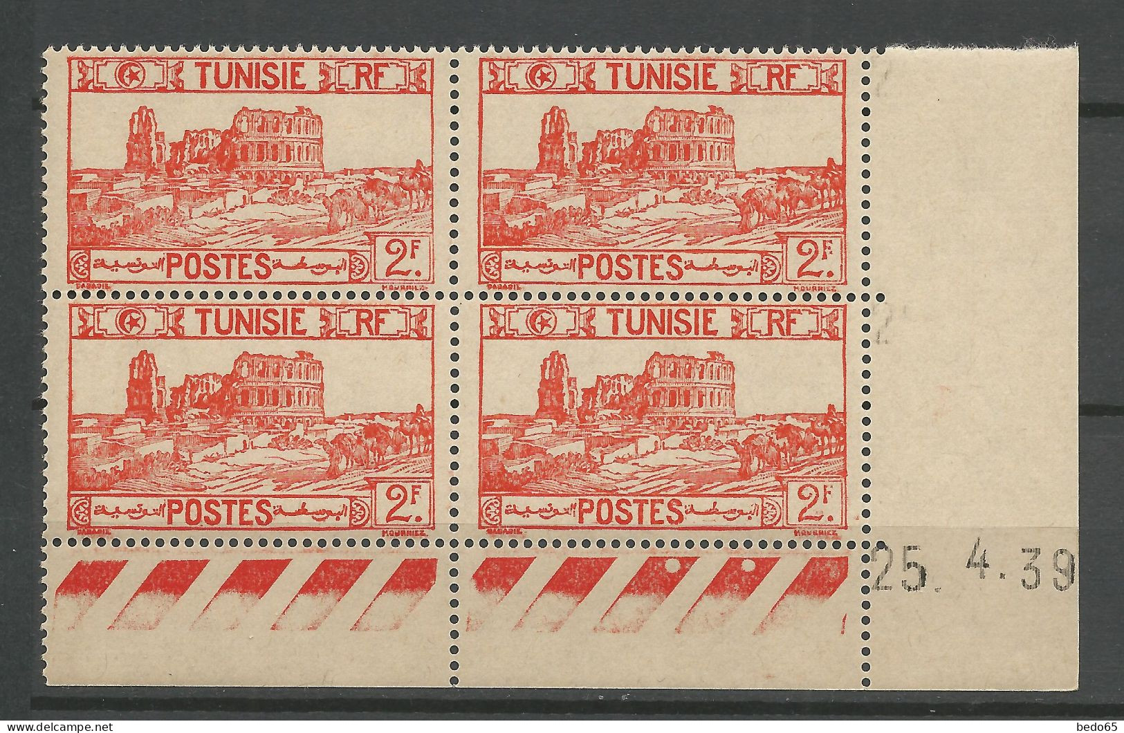 TUNISIE N° 217 Bloc De 4 Coin Daté 25 / 4 / 39 NEUF** SANS CHARNIERE NI TRACE / Hingeless  / MNH - Unused Stamps