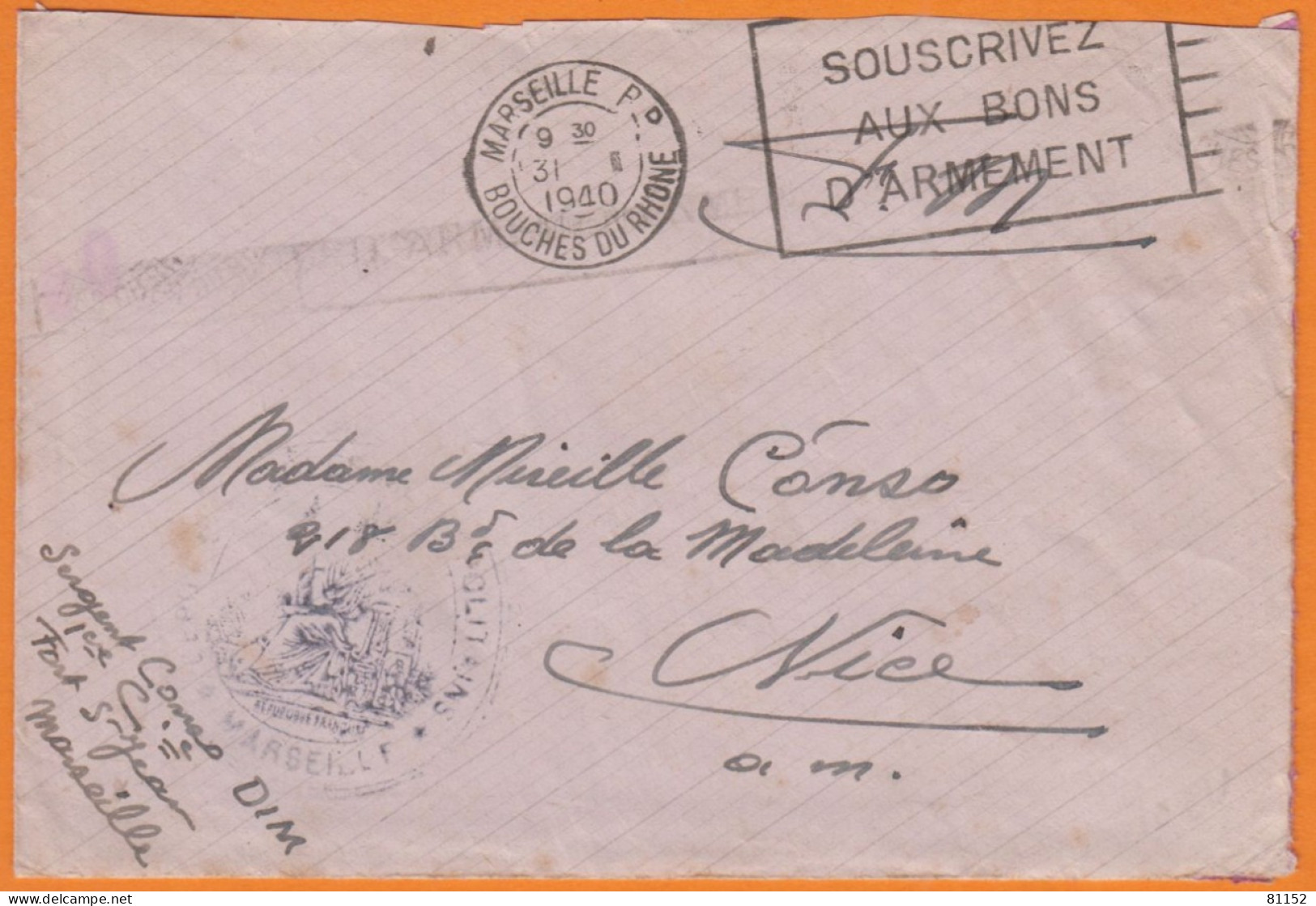 Flier " SOUSCRIVEZ  AUX BONS D'ARMEMENT " Sur Lettre En F.M.avec Courrier D'un SERGENT 1940 De MARSEILLE - Mechanical Postmarks (Other)