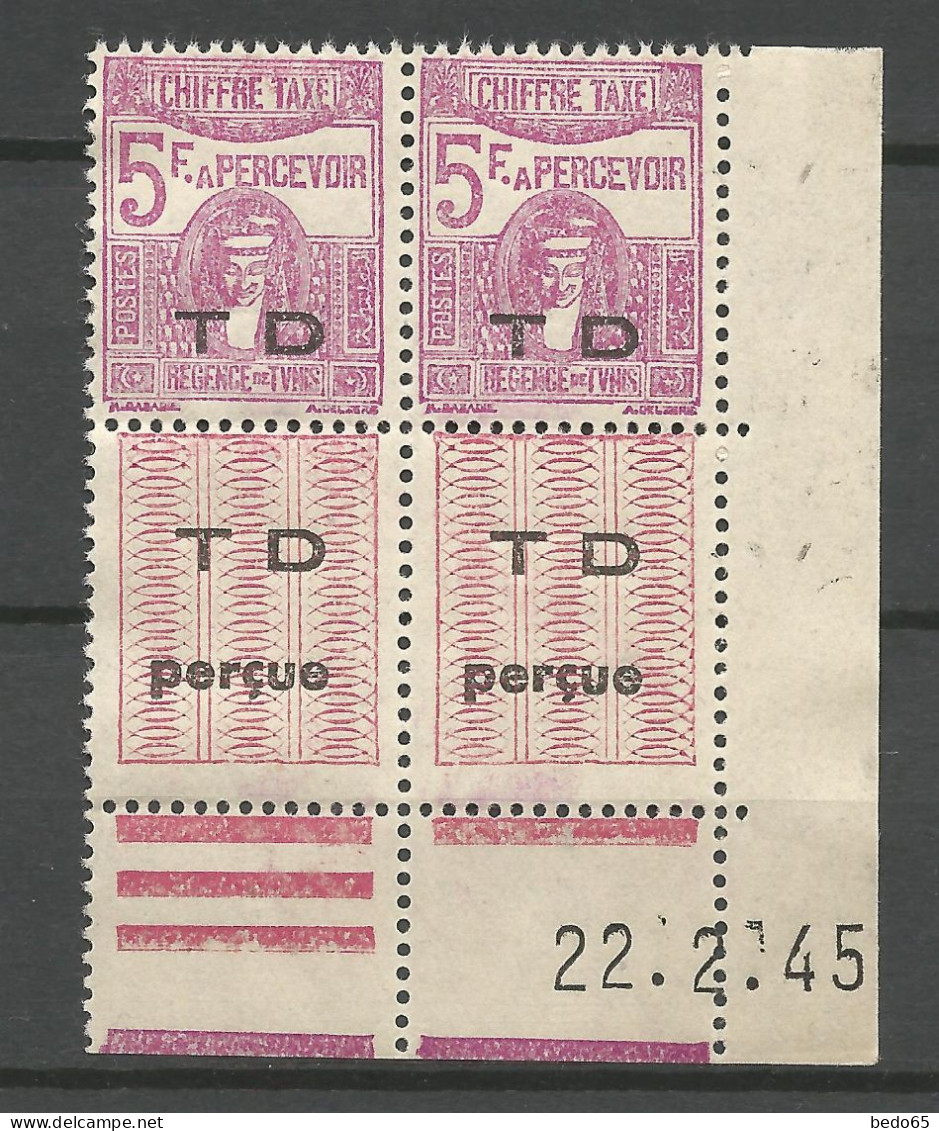 TUNISIE TAXE N° 55 Bloc De 4 Coin Daté 22 / 2 / 45 NEUF** SANS CHARNIERE NI TRACE / Hingeless  / MNH - Impuestos