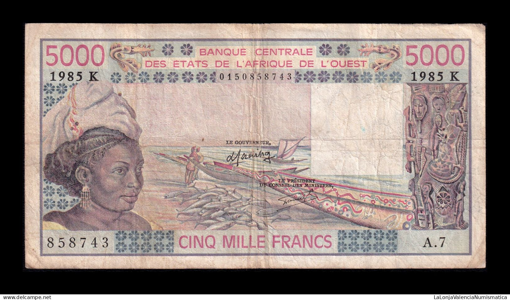 West African St. Senegal 5000 Francs 1985 Pick 708Kj Bc/Mbc F/Vf - États D'Afrique De L'Ouest