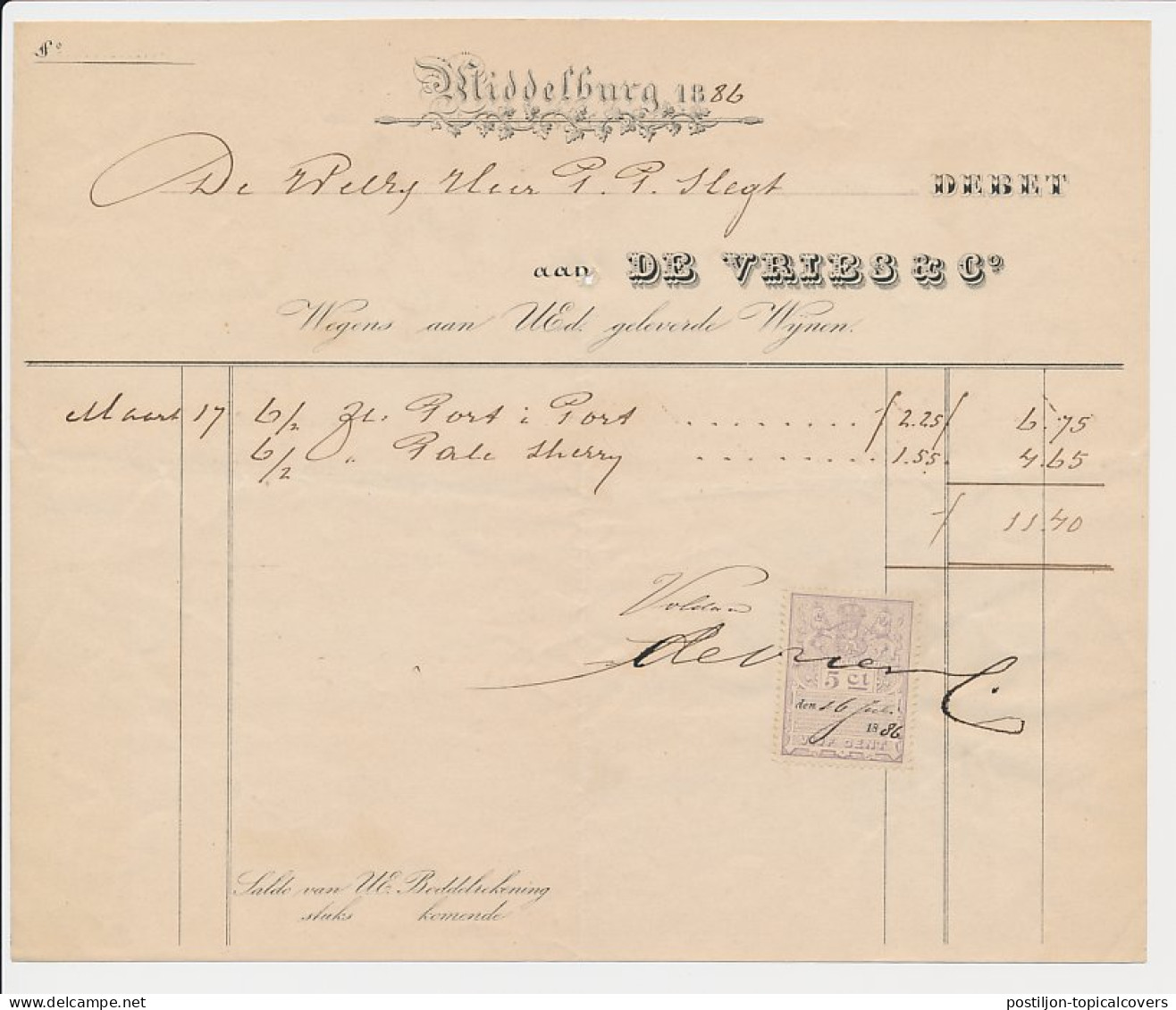 Nota Middelburg 1886 - Slijterij - Wijnen - Nederland