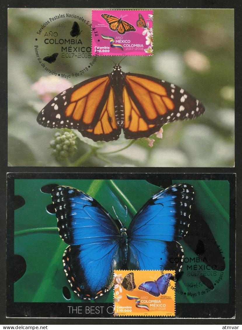 COLOMBIA (2018) Cartes Maximum Cards - Año Colombia México, Danaus Plexippus, Morpho Peleides, Butterflies, Papillons - Colombia