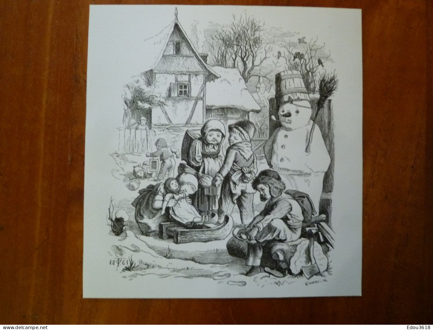 Oscar Ou Oskar Pletsch (1830-1888) Illustrateur Dessin Sur Carte 13x14cm Illustrant L'alphabet : H Comme Hiver - Autres & Non Classés