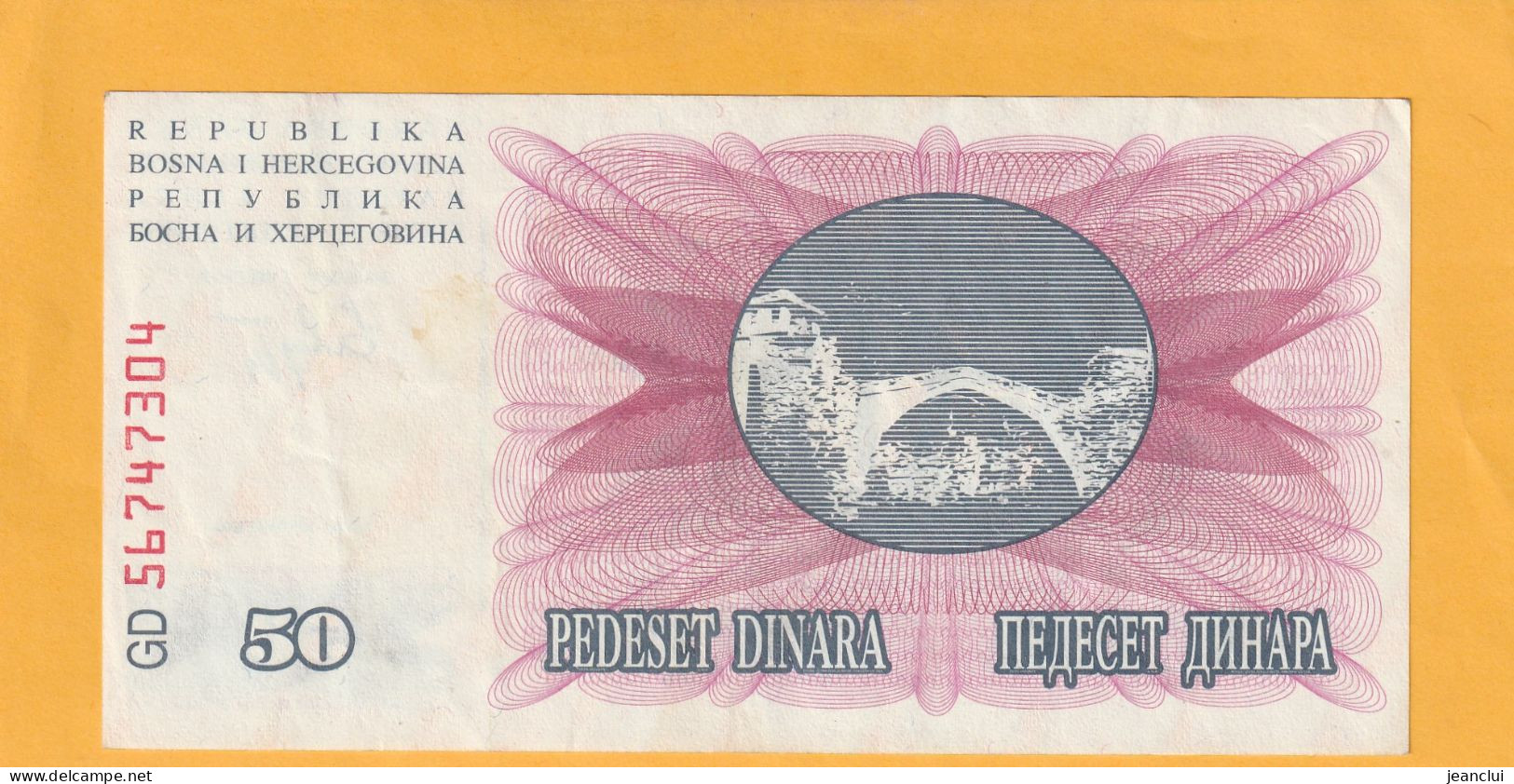 NARODNA BANKA BOSNE I HERCEGOVINE  .  50 DINARA  . 1-7-1992  .  N°  56 74 7304  .  2 SCANNES  .  BILLET EN TRES BEL ETAT - Bosnië En Herzegovina